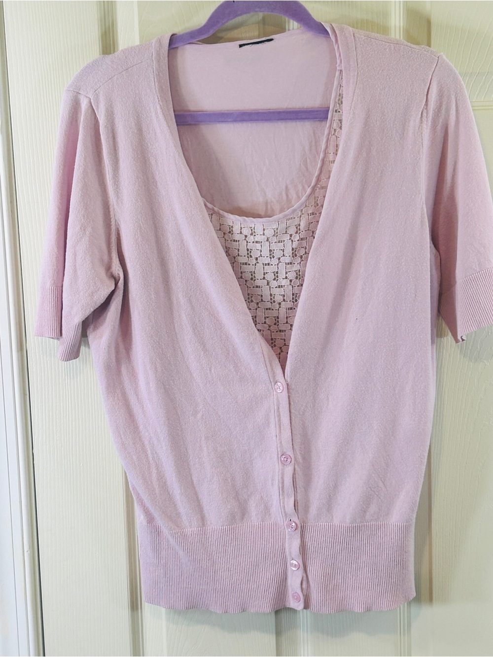 Light Pink Women's Short-Sleeve Button Cardigan with Lace Tank